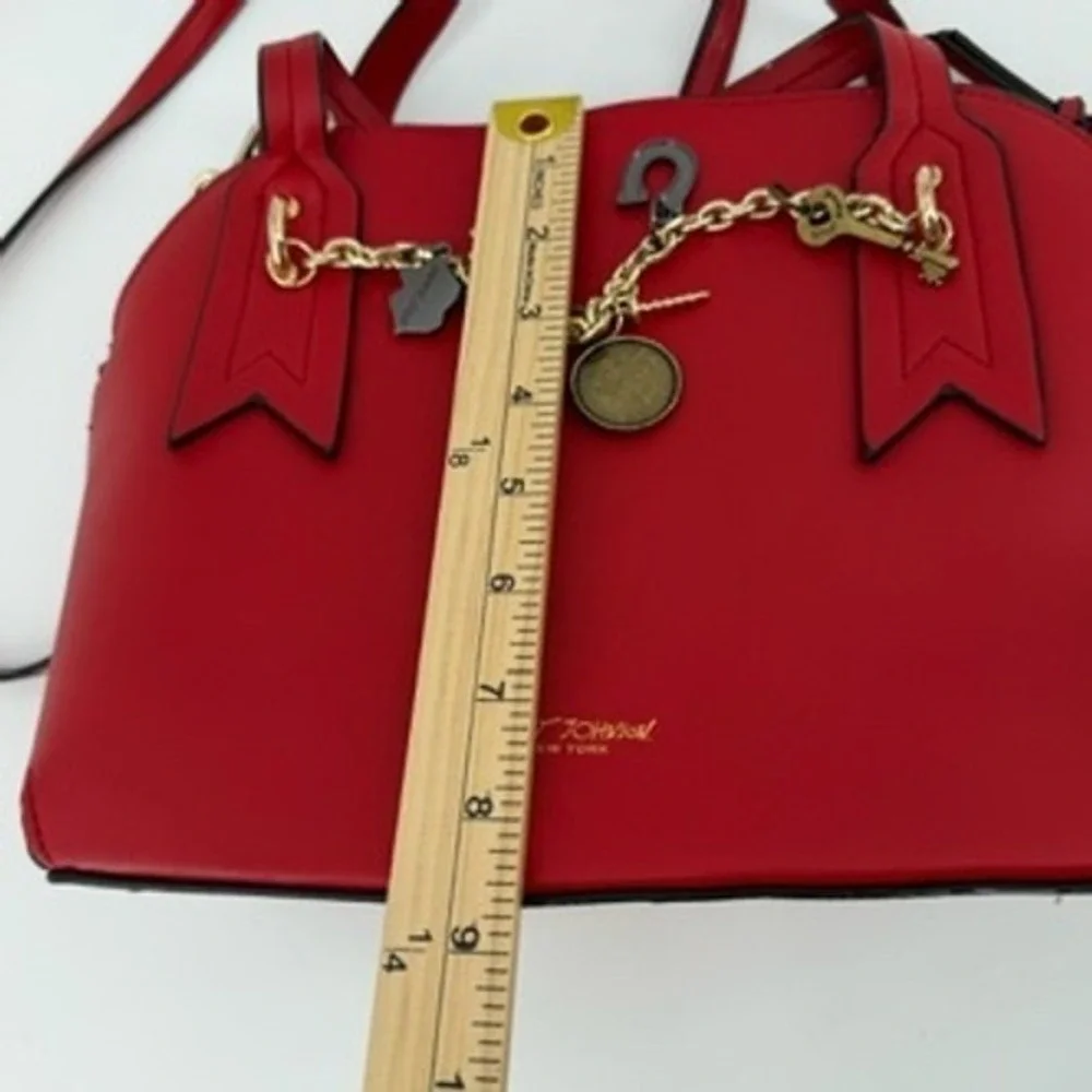 Betsey Johnson Red Satchel Bag with Charms‎ Top Handle Crossbody Gold Hardware